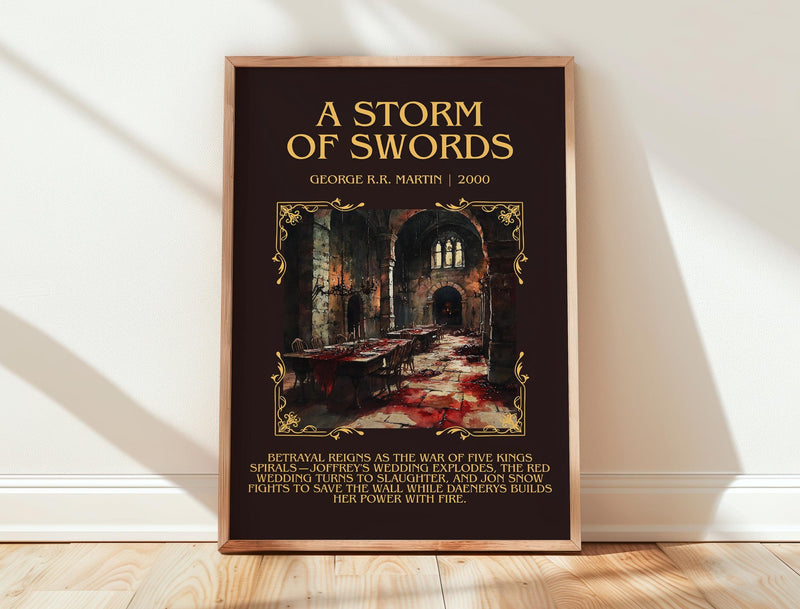 A Storm of Swords minimalist print in frame leaning in hallway – fantasy wall art