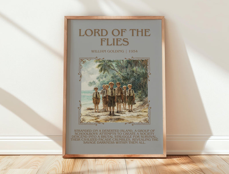 Lord Of The Flies minimalist print in frame leaning in hallway – historical fiction wall art