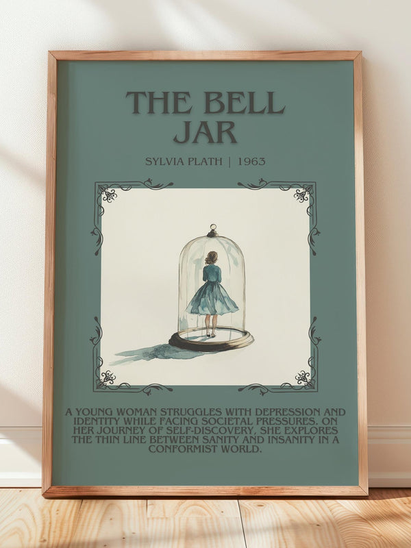 The Bell Jar minimalist print in frame leaning in hallway – coming of age wall art