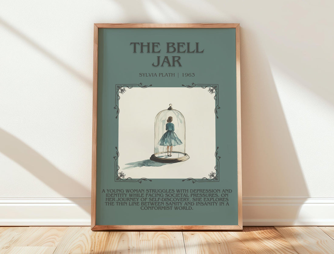 The Bell Jar minimalist print in frame leaning in hallway – coming of age wall art (mockup)