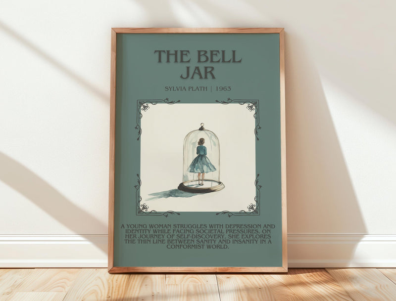 The Bell Jar minimalist print in frame leaning in hallway – coming of age wall art