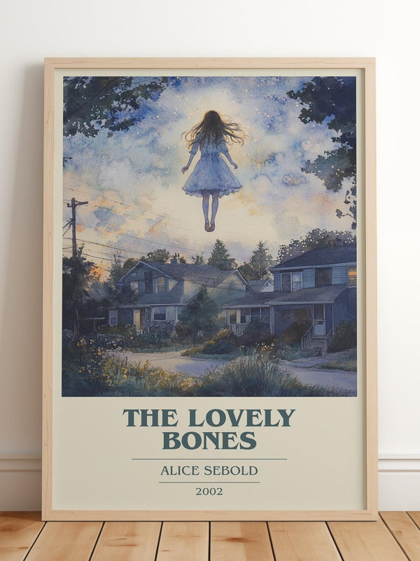 The Lovely Bones book cover print in frame leaning in hallway – literary fiction wall art