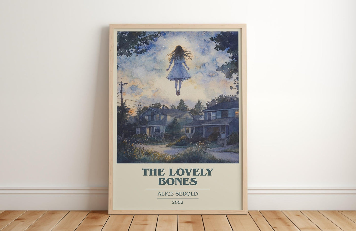The Lovely Bones book cover print in frame leaning in hallway – literary fiction wall art