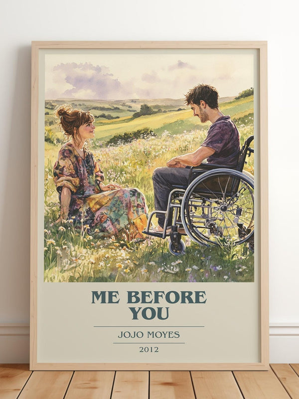 Me Before You book cover print in frame leaning in hallway – romance wall art