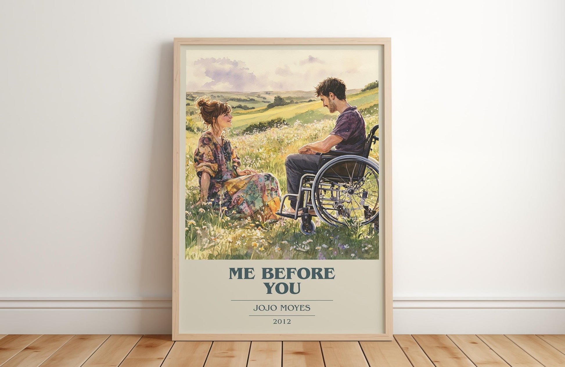Me Before You book cover print in frame leaning in hallway – romance wall art