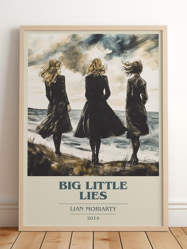 Big Little Lies book cover print in frame leaning in hallway – contemporary fiction wall art