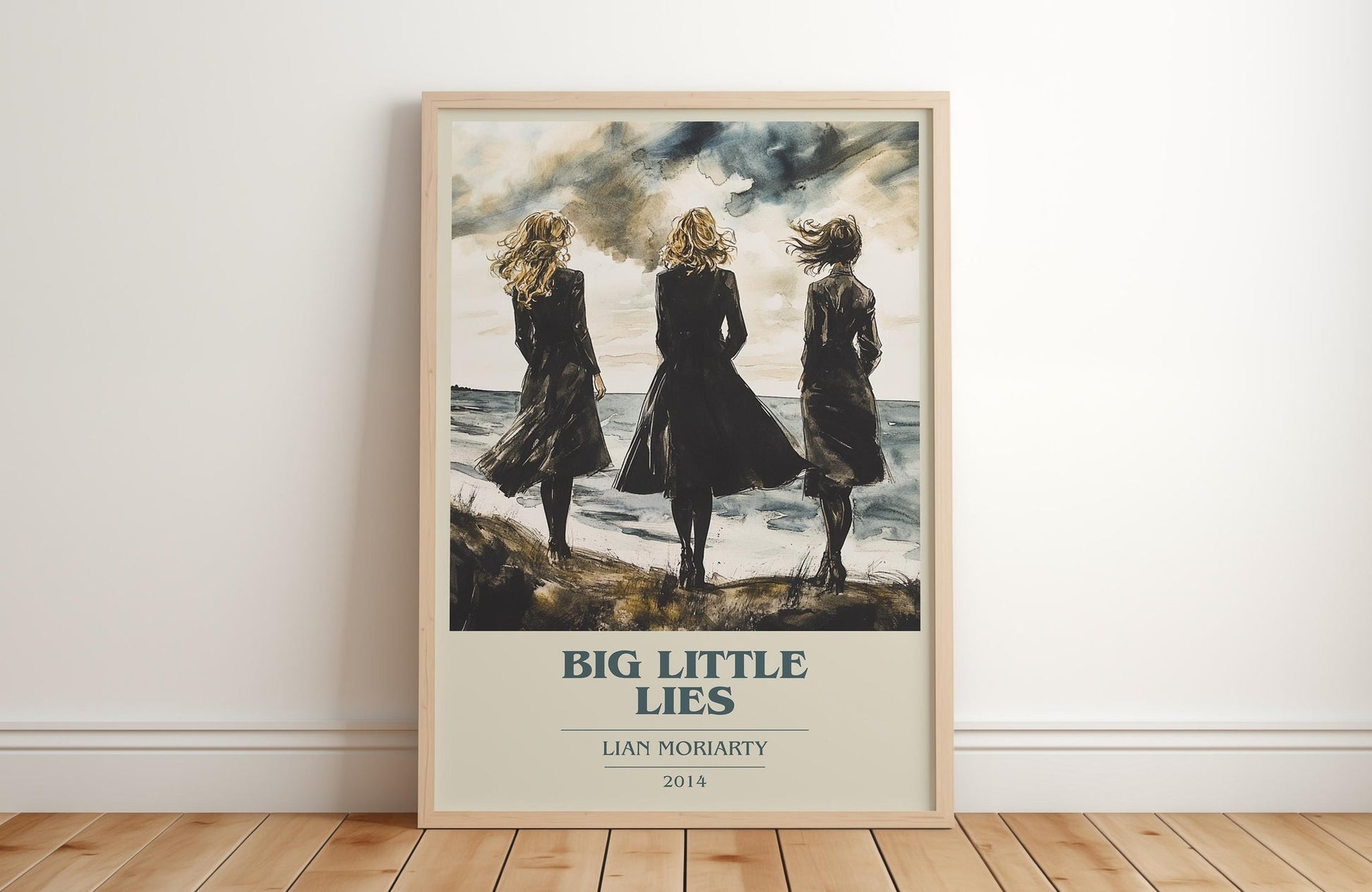 Big Little Lies book cover print in frame leaning in hallway – contemporary fiction wall art