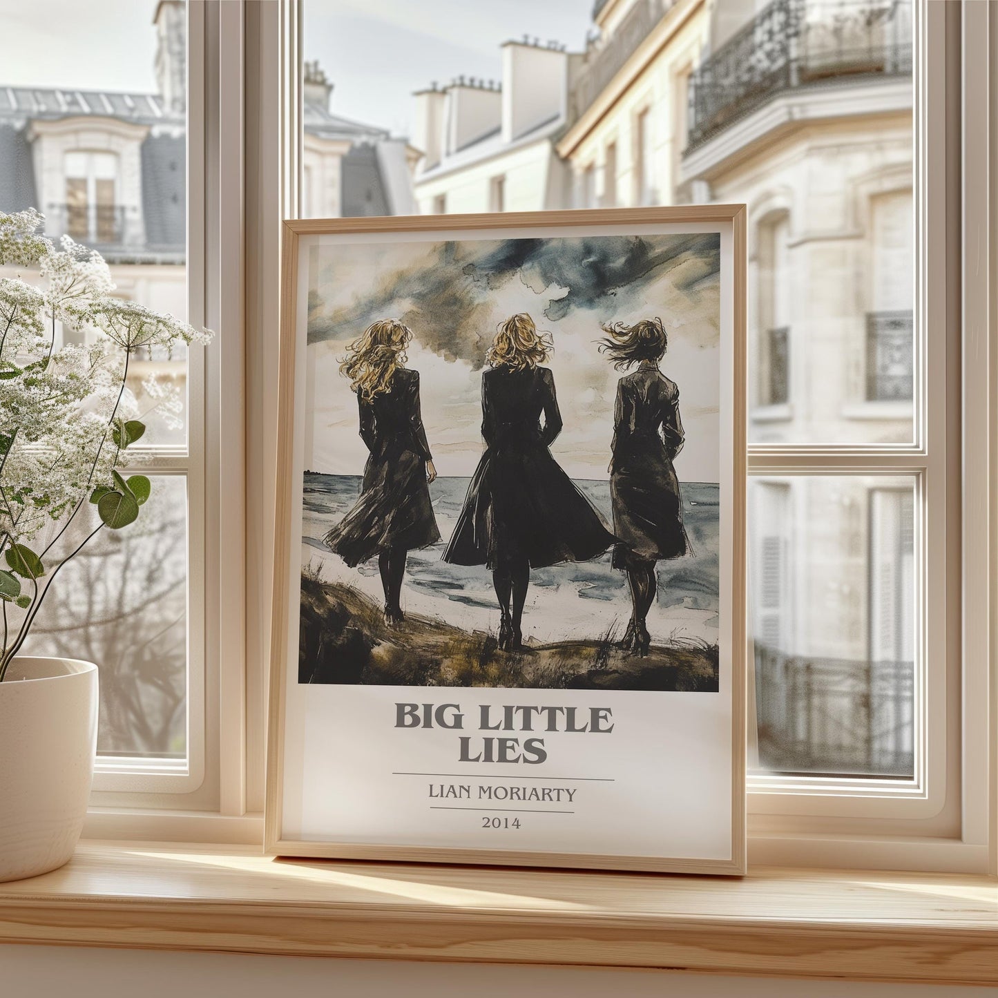 Big Little Lies book cover print framed by window – literary home decor