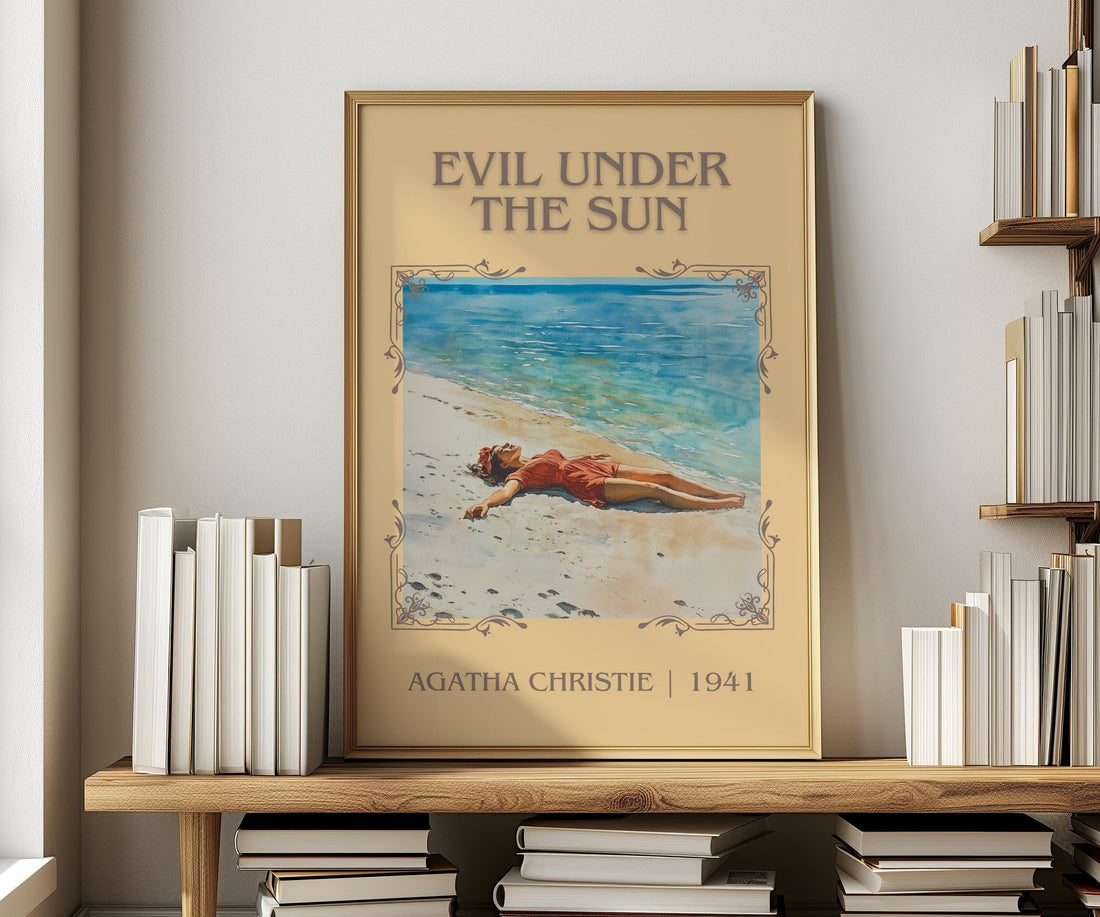 Evil Under the Sun classic book art print in frame leaning in hallway – mystery wall art (mockup)