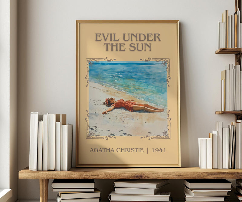 Evil Under the Sun classic book art print in frame leaning in hallway – mystery wall art