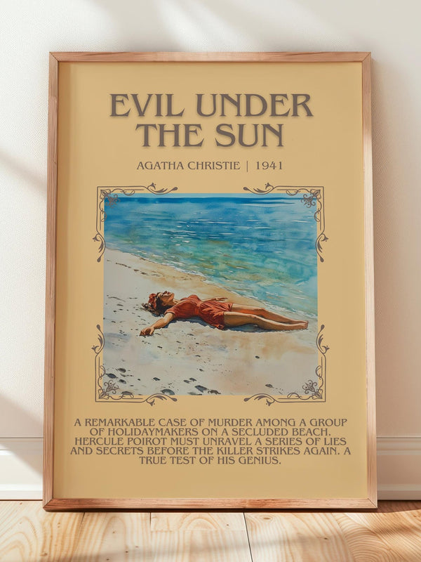 Evil Under the Sun minimalist print in frame leaning in hallway – mystery wall art