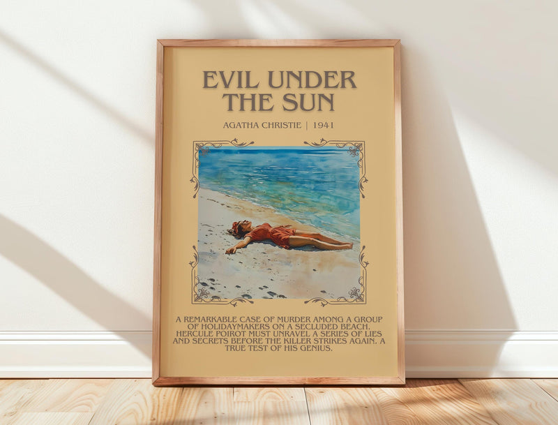 Evil Under the Sun minimalist print in frame leaning in hallway – mystery wall art