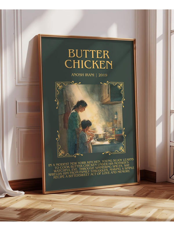Butter Chicken minimalist print in frame leaning in hallway – literary fiction wall art
