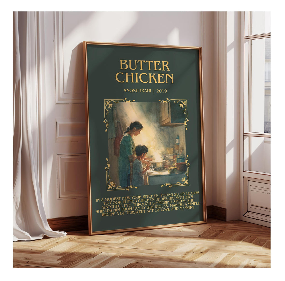 Butter Chicken minimalist print in frame leaning in hallway – literary fiction wall art (mockup)