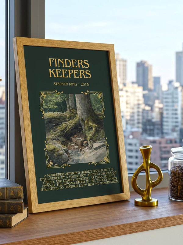Finders Keepers minimalist print framed by window – literary home decor