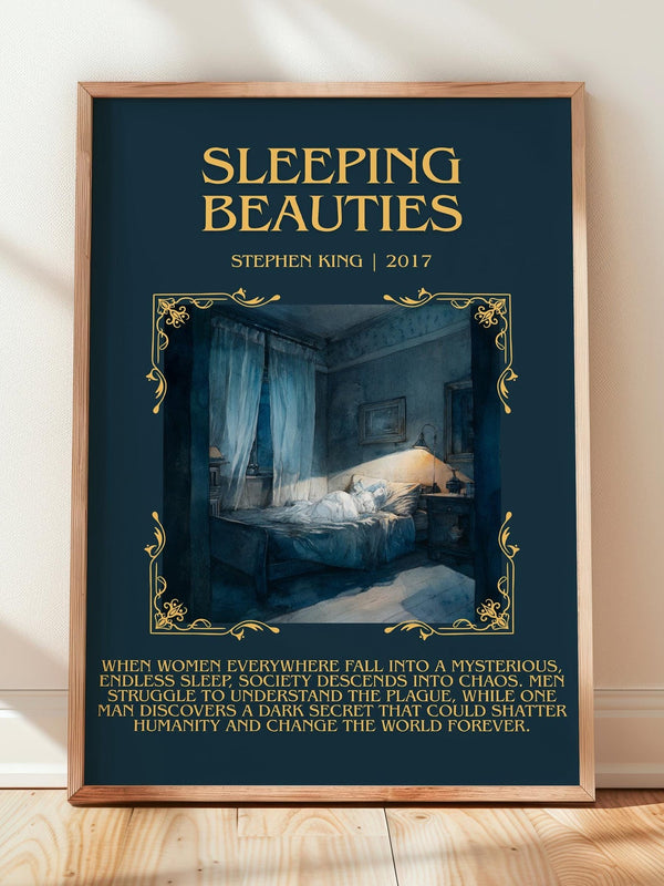 Sleeping Beauties minimalist print in frame leaning in hallway – horror wall art