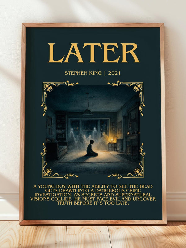 Later minimalist print in frame leaning in hallway – horror wall art
