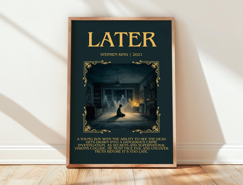 Later minimalist print in frame leaning in hallway – horror wall art