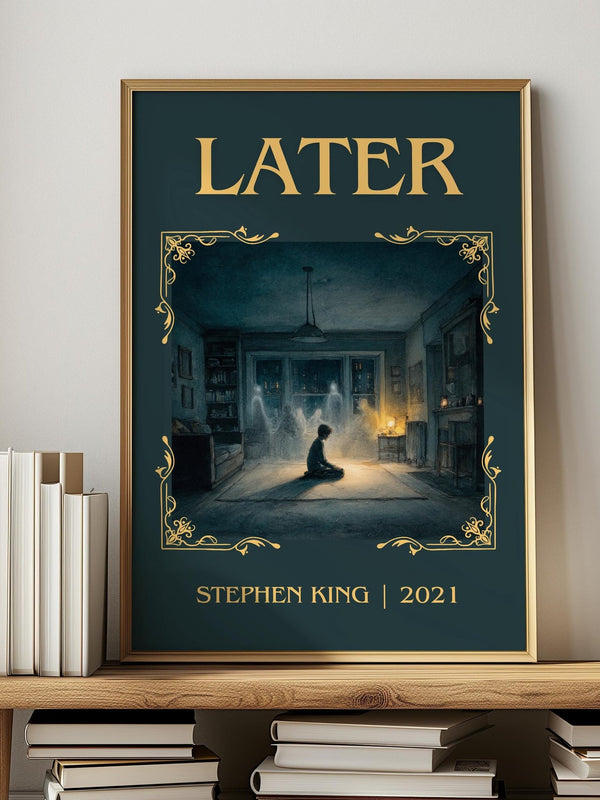 Later classic book art print in frame leaning in hallway – horror wall art