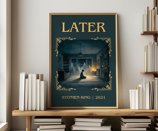 Later classic book art print in frame leaning in hallway – horror wall art