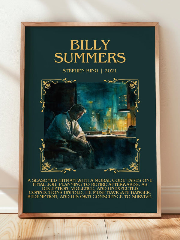 Billy Summers minimalist print in frame leaning in hallway – thriller wall art