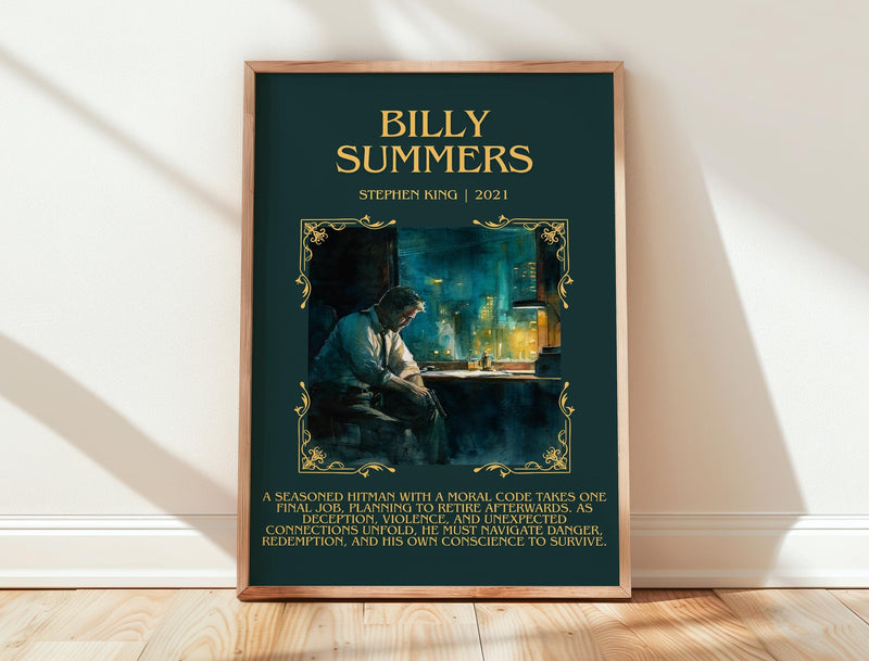 Billy Summers minimalist print in frame leaning in hallway – thriller wall art