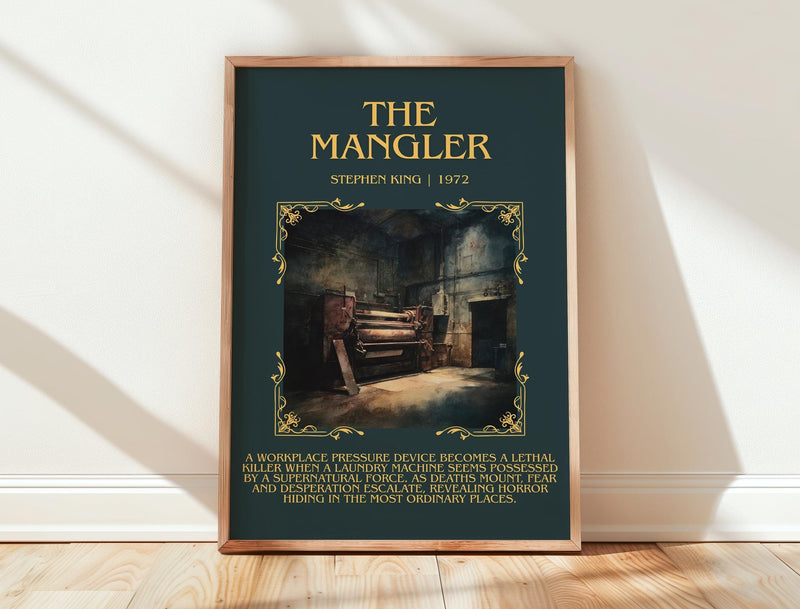 The Mangler minimalist print in frame leaning in hallway – horror wall art