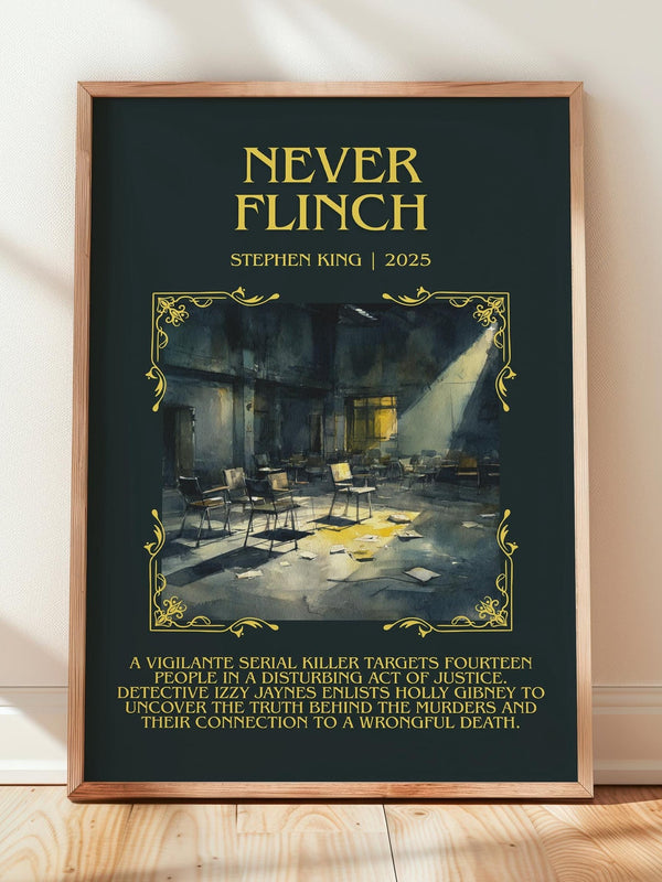 Never Flinch minimalist print in frame leaning in hallway – thriller wall art