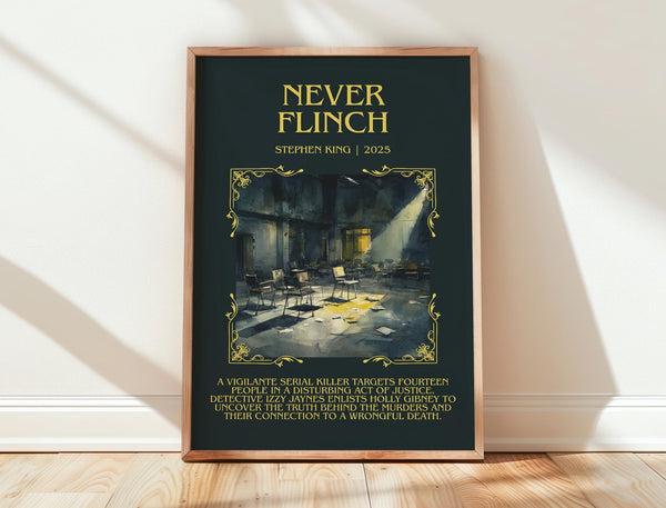 Never Flinch minimalist print in frame leaning in hallway – thriller wall art