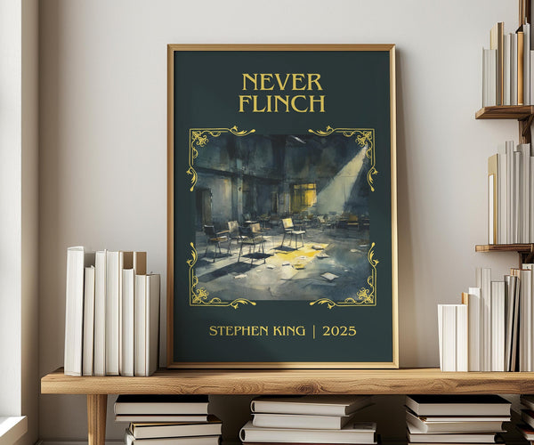 Never Flinch classic book art print in frame leaning in hallway – thriller wall art