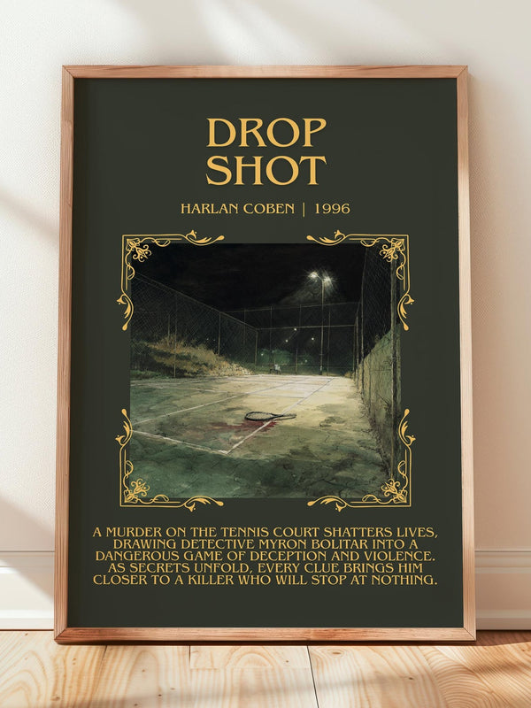 Drop Shot minimalist print in frame leaning in hallway – mystery wall art