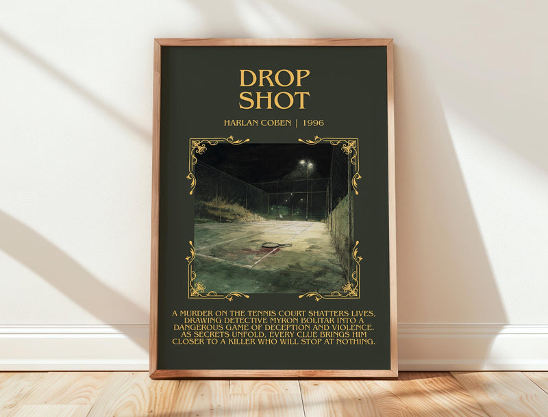 Drop Shot minimalist print in frame leaning in hallway – mystery wall art