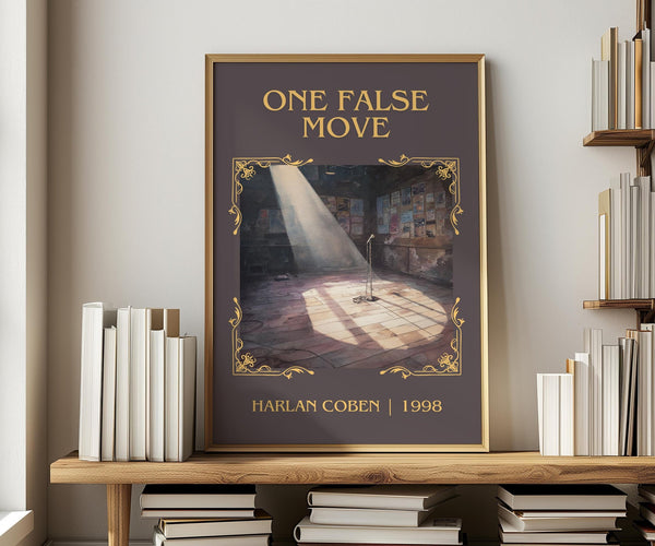 One False Move classic book art print in frame leaning in hallway – thriller wall art