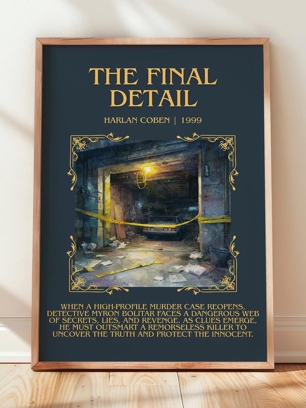 The Final Detail minimalist print in frame leaning in hallway – crime wall art