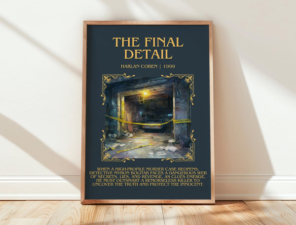 The Final Detail minimalist print in frame leaning in hallway – crime wall art