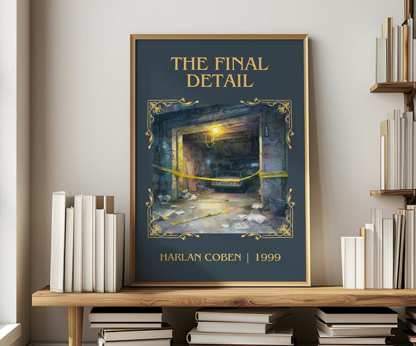 The Final Detail classic book art print in frame leaning in hallway – crime wall art