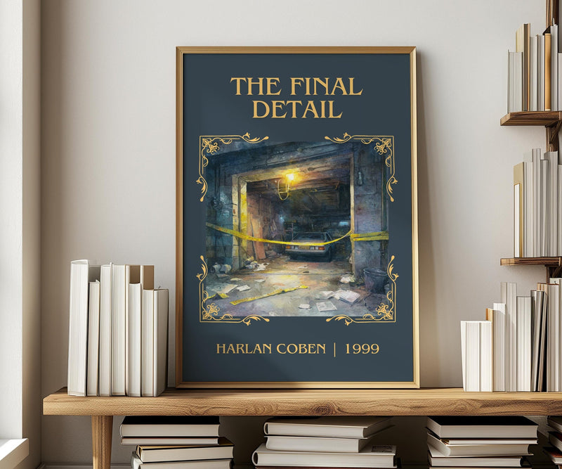 The Final Detail classic book art print in frame leaning in hallway – crime wall art