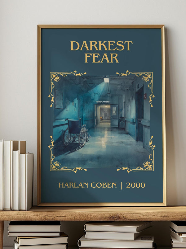 Darkest Fear classic book art print in frame leaning in hallway – thriller wall art