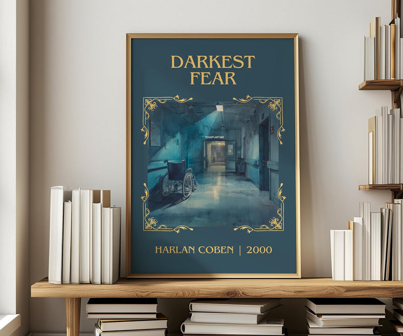 Darkest Fear classic book art print in frame leaning in hallway – thriller wall art