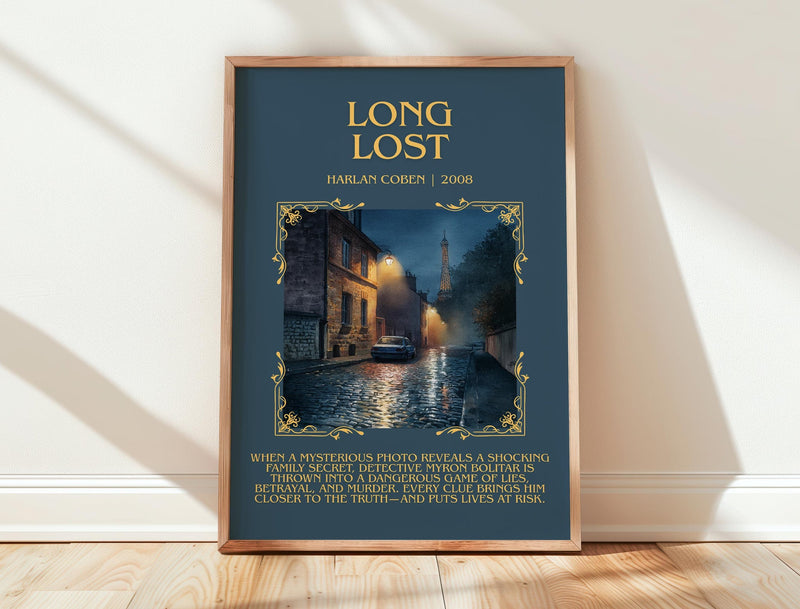 Long Lost minimalist print in frame leaning in hallway – thriller wall art