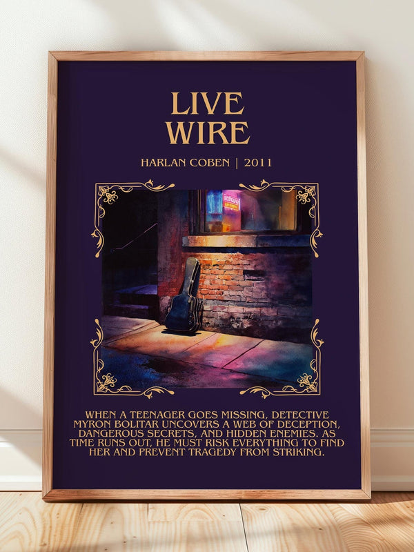 Live Wire minimalist print in frame leaning in hallway – thriller wall art