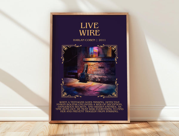 Live Wire minimalist print in frame leaning in hallway – thriller wall art