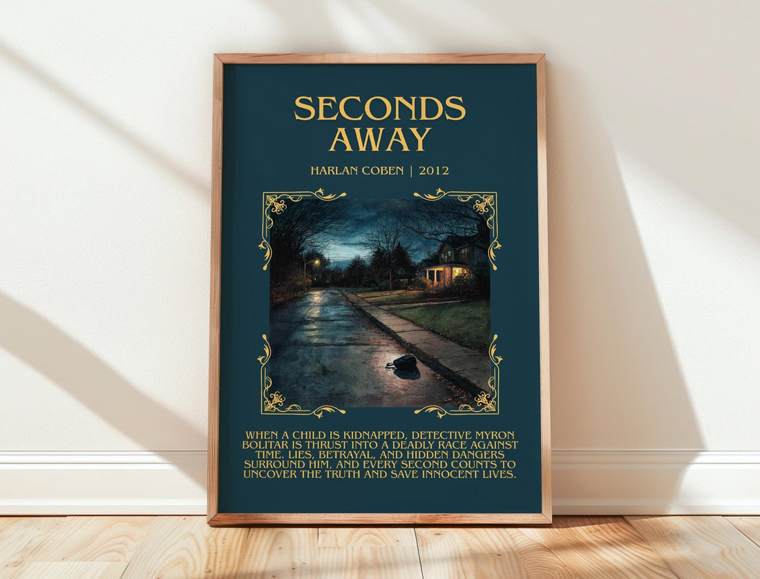 Seconds Away minimalist print in frame leaning in hallway – young adult wall art (mockup)