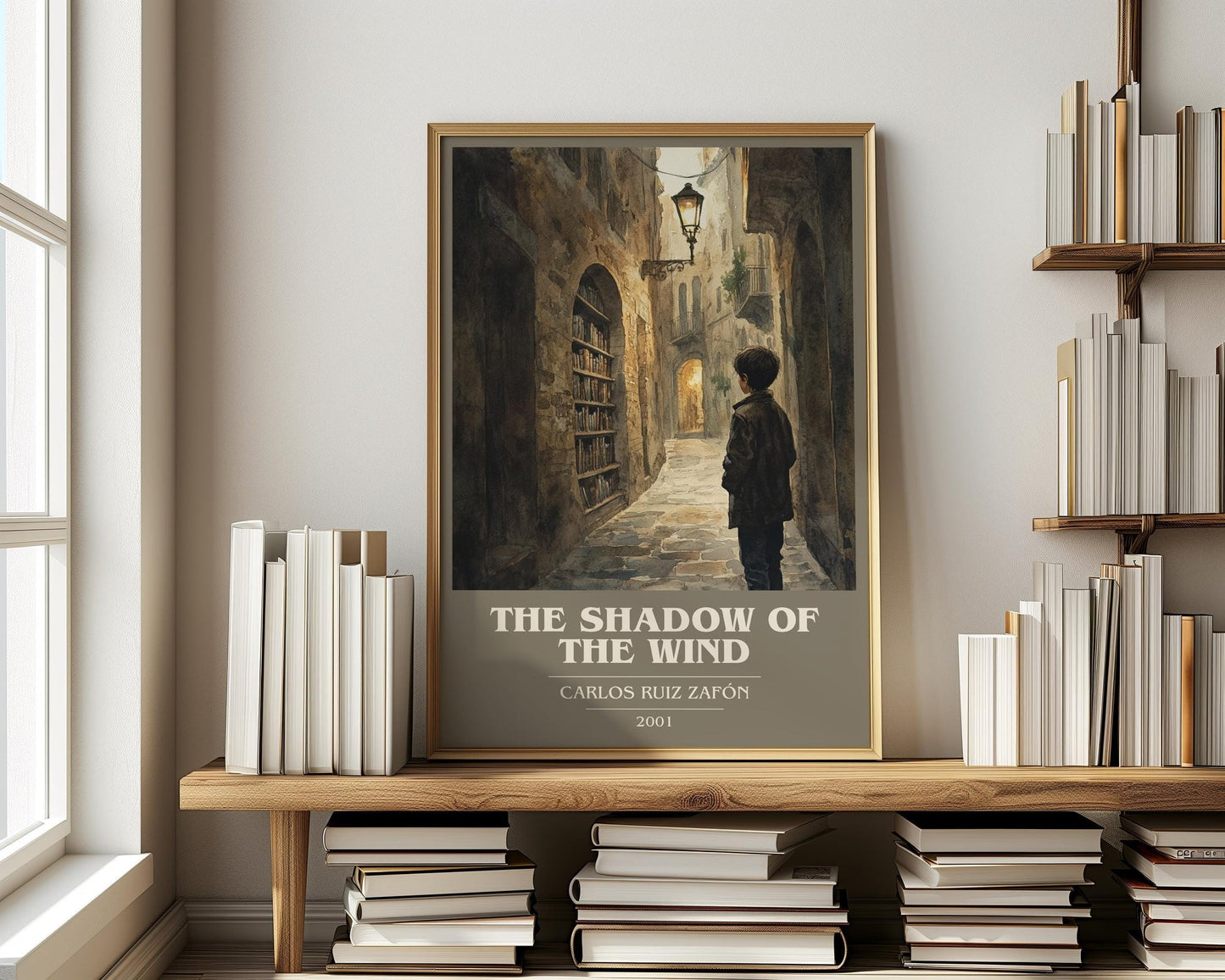 The Shadow Of The Wind book cover print on bookshelf – Carlos Ruiz Zafón fan gift