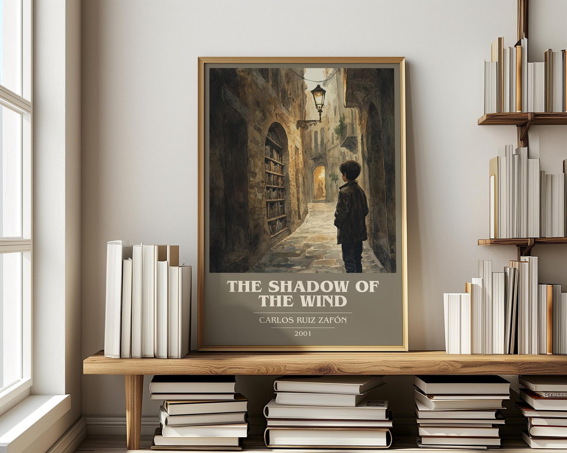 The Shadow Of The Wind book cover print on bookshelf – Carlos Ruiz Zafón fan gift