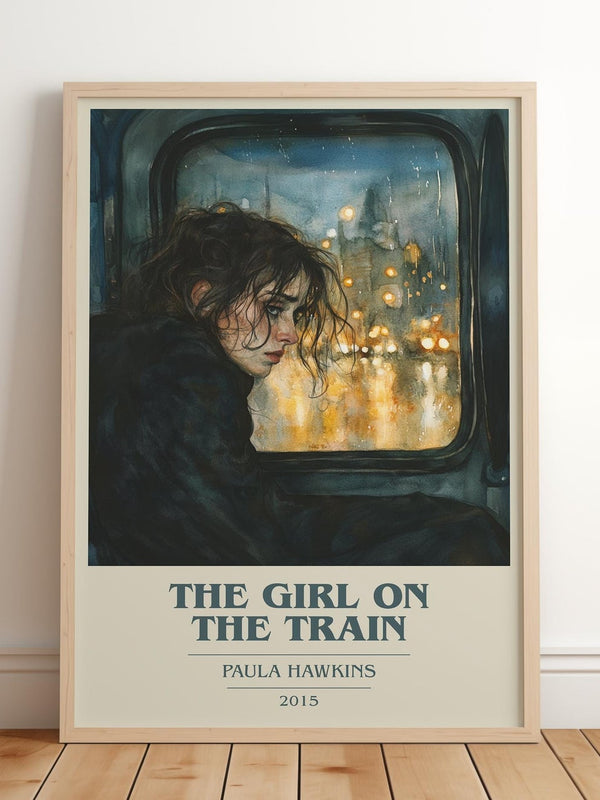 The Girl on the Train book cover print in frame leaning in hallway – thriller wall art