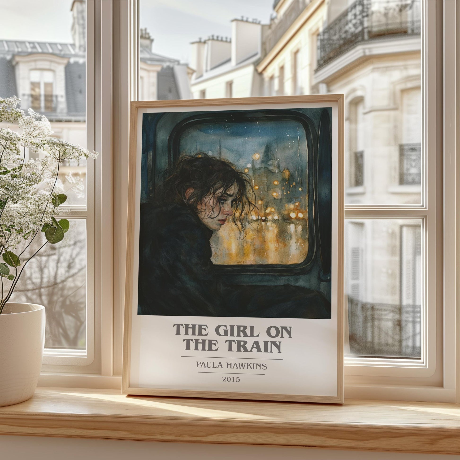 The Girl on the Train book cover print framed by window – literary home decor