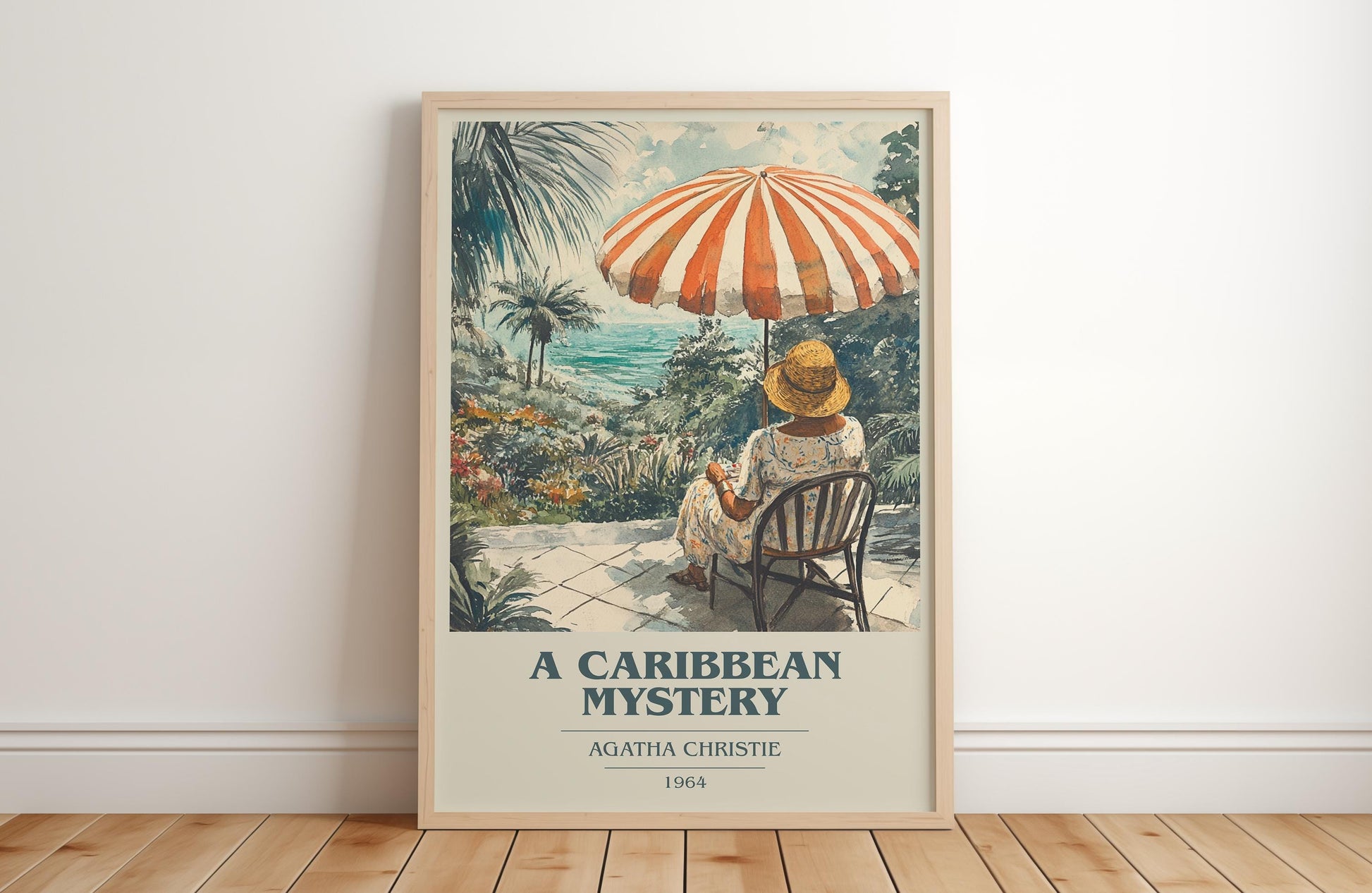 A Caribbean Mystery book cover print in frame leaning in hallway – mystery wall art
