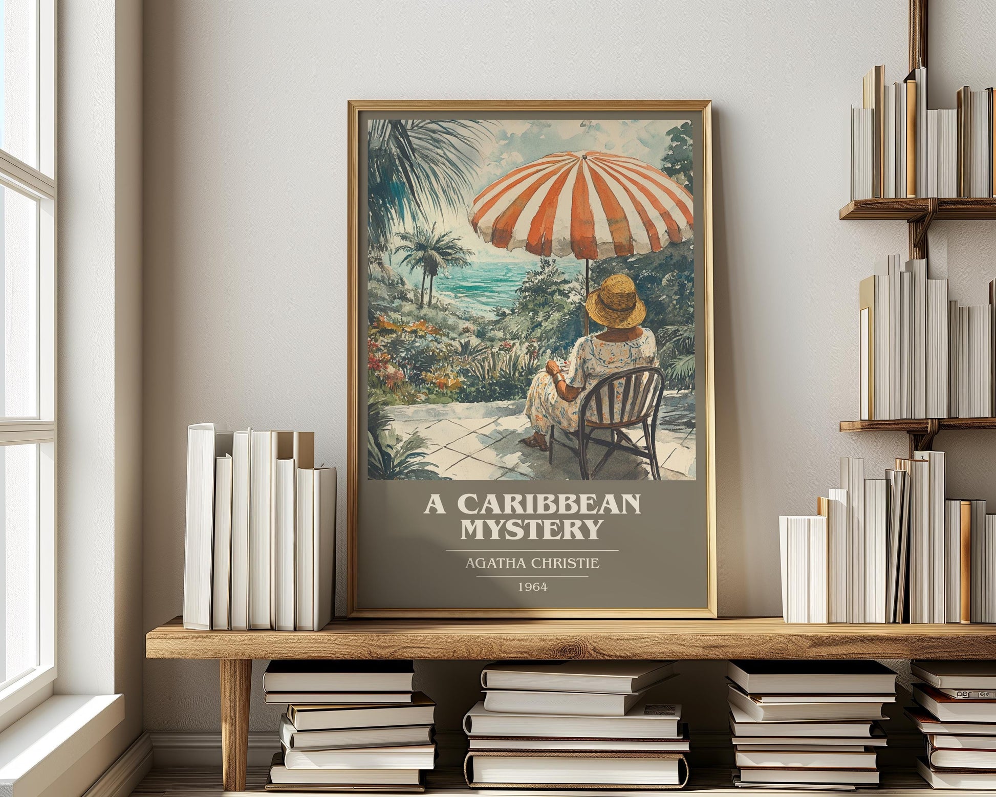 A Caribbean Mystery book cover print on bookshelf – Agatha Christie fan gift