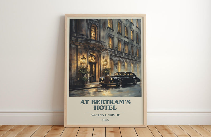 At Bertram's Hotel book cover print in frame leaning in hallway – mystery wall art